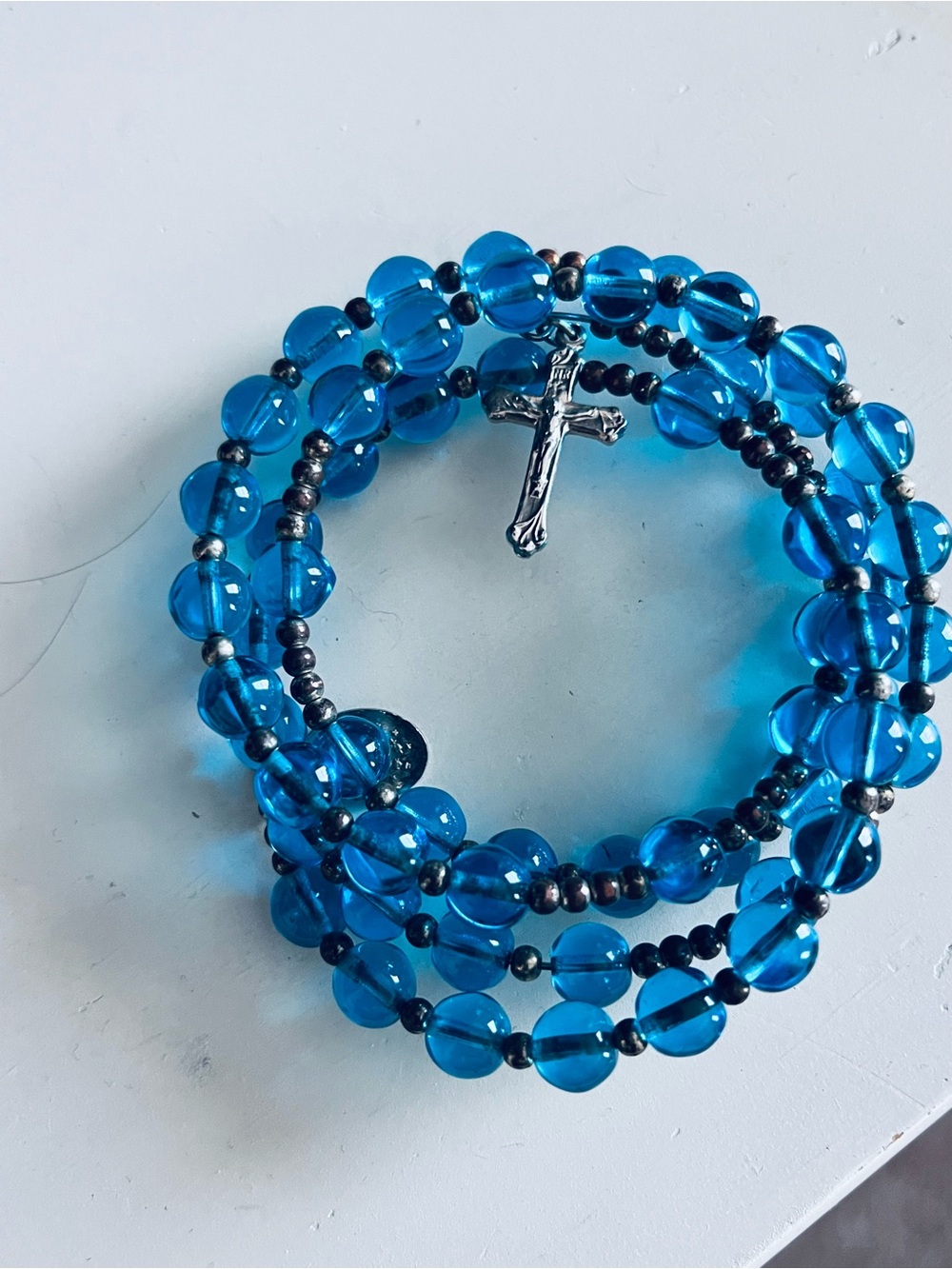 Blue Glass Bead Rosary-Style Wrap Bracelet with Cross